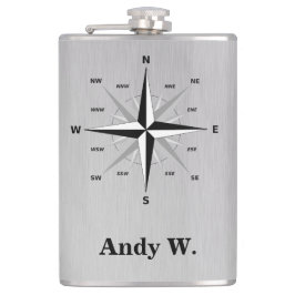 Rose des Windkompasses und gebürstetes Aluminium Flachmann