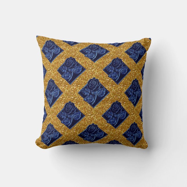 Rose Diamonds-04-Blue Gold-Square Throw Kissen (Vorderseite)