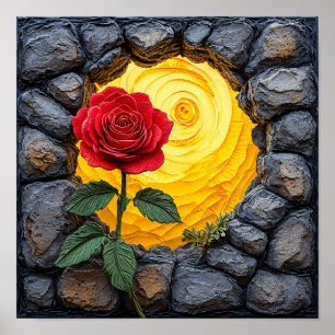 Rose, die aus einem Loch in einer Steinmauer wächs Poster