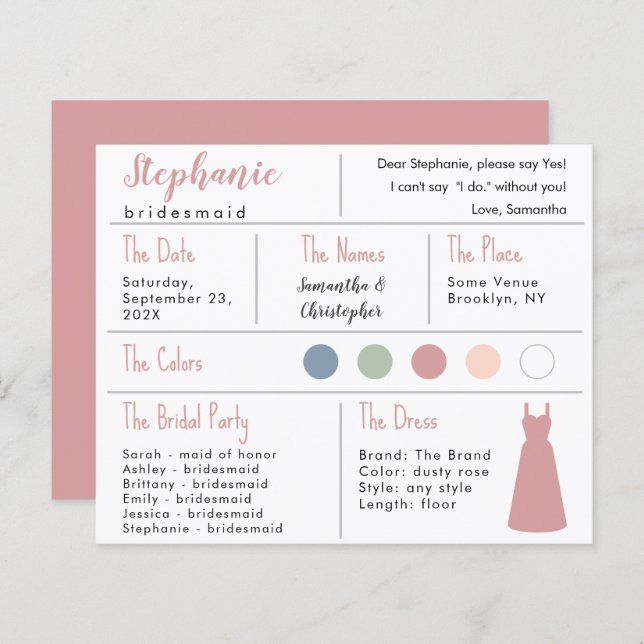 Rose Dress Color Bridesmaid Information Card (Vorne/Hinten)