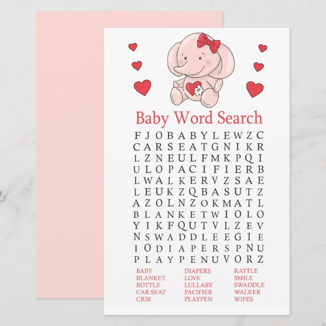 Rose Elefant Baby Shooter Word Search Game (Vorne/Hinten)