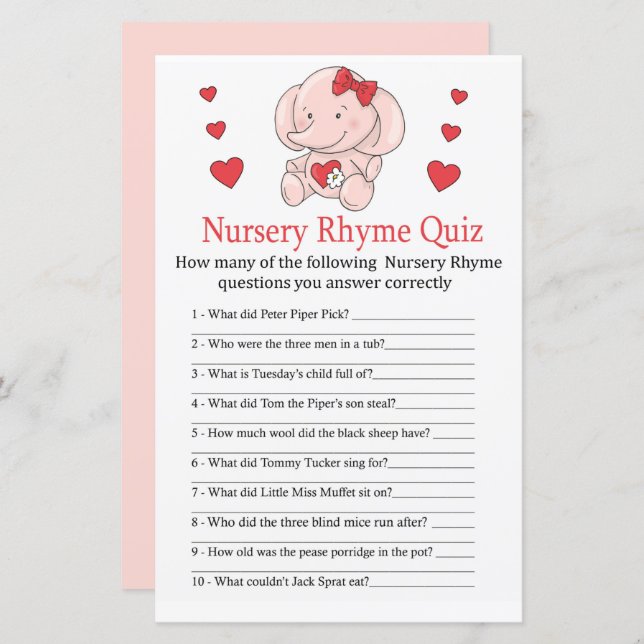 Rose Elefant Kinderzimmer Rhyme Quiz Kinderduschen (Vorne/Hinten)