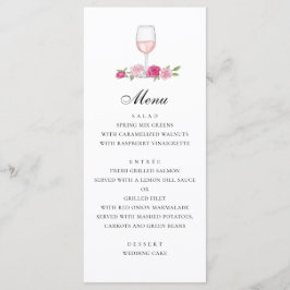Rose. Elegante rosa Blumenhochzeit. Glas Wein Menükarte