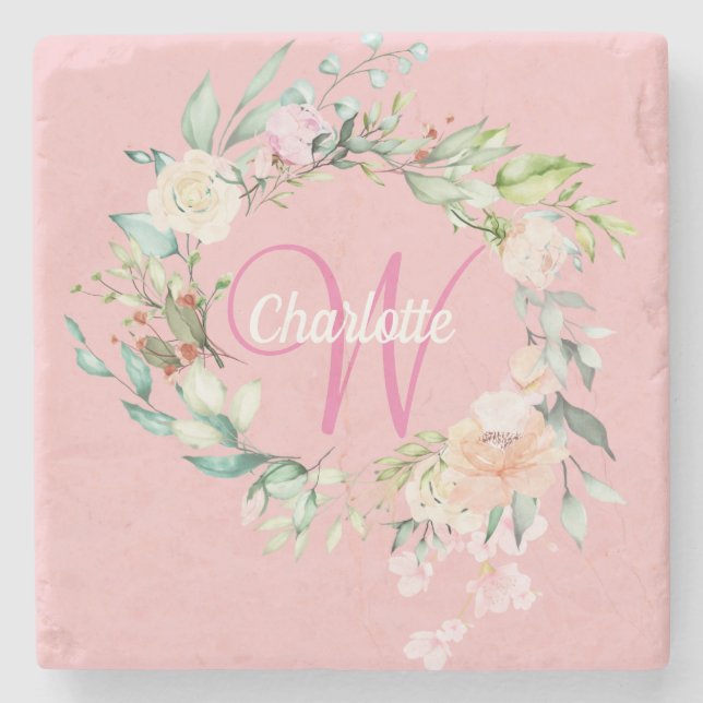 Rose Erste Schriftzeichen-Monogramm rosa Steinuntersetzer (Vorderseite)