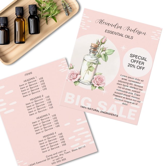 Rose Essenzielle Öle Aquarell Flasche Promo Flyer (Rose Essential Oils Watercolor Floral Bottle Promo Flyer)