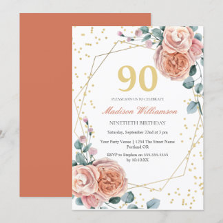 Rose & Eukalyptus Floral 90. Geburtstagsparty Invi Einladung