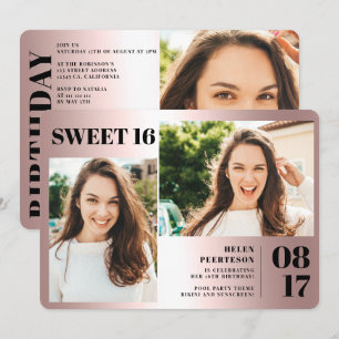 Rose Fett metallisch 3 Fotos Sweet 16 Geburtstag Einladung