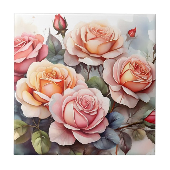 Rose Flora Romantische Wasserfarben Fliese (Vorderseite)