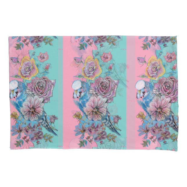 Rose Flora Rose Budgie Bird Weibchen Pink Aqua Kissenbezug (Vorderseite)