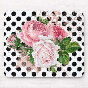 ROSE FLORAL BLACK POLKA DOT BOW MOUSE PAD MOUSEPAD