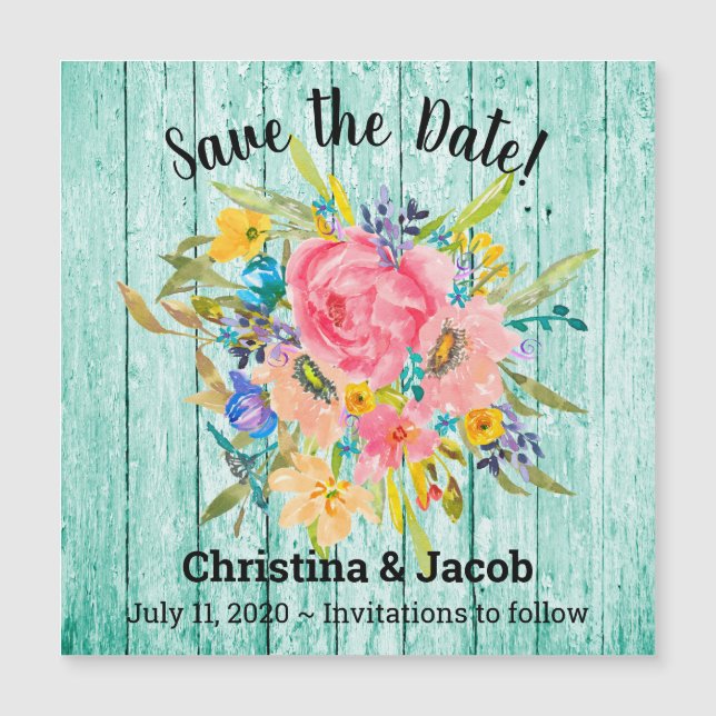 Rose Floral Bouquet Aqua Save the Date Magnetkarte (Vorderseite)
