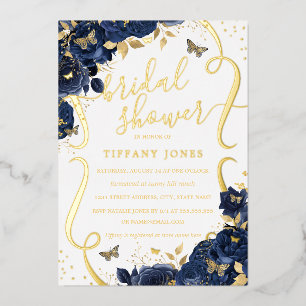 Rose Floral Butterfly Navy Gold Braut Dusche Folieneinladung