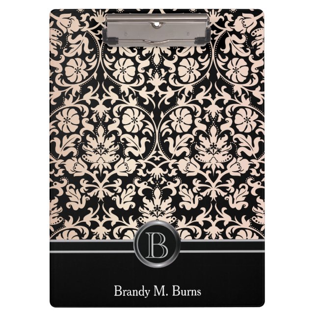 Rose Floral Damask Monogramm Klemmbrett (Vorderseite)