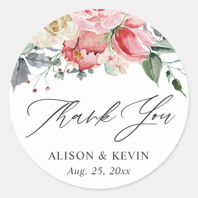Rose Floral Danke Runder Aufkleber (Vorderseite)