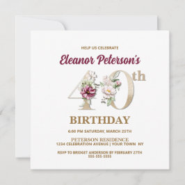 Rose Floral E 40. Geburtstag Party Einladung