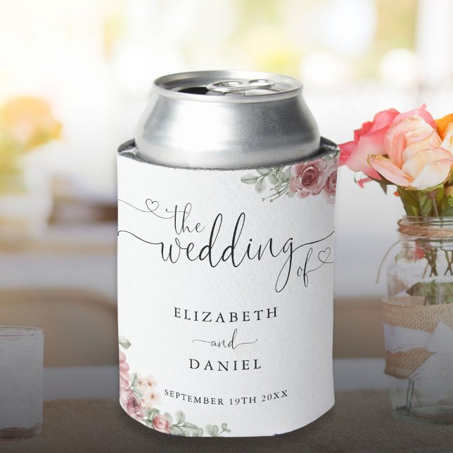 Rose Floral Elegantes Herz Skript Hochzeit Dosenkühler (Roses Floral Elegant Heart Script Wedding Can Cooler)