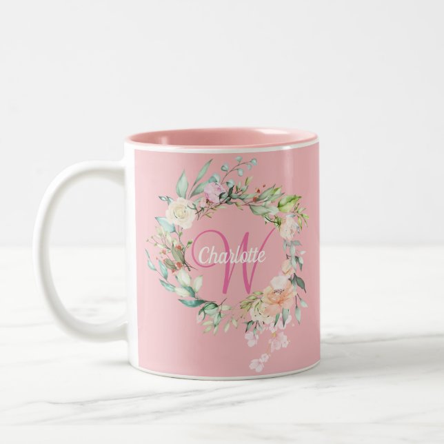 Rose Floral Elegantes Script Monogram Pink Zweifarbige Tasse (Links)
