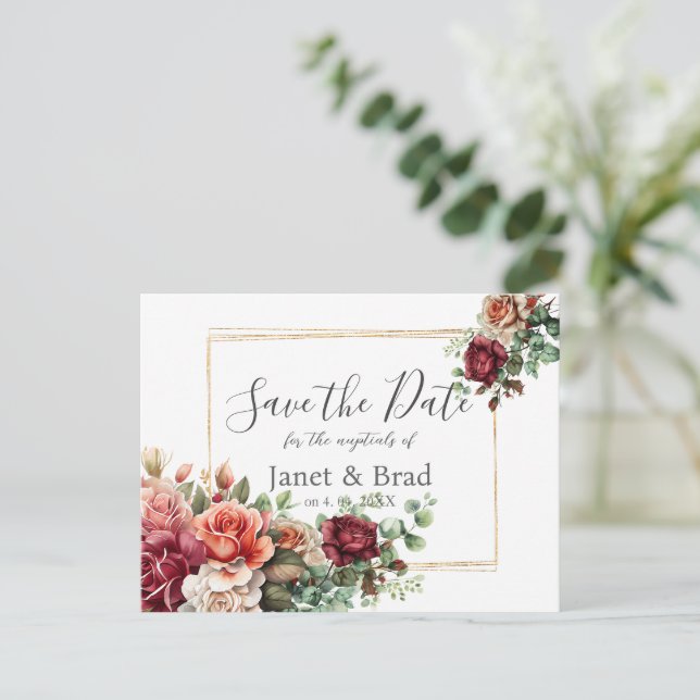 Rose floral Eukalyptus Wedding Save the Date Postkarte (Stehend Vorderseite)