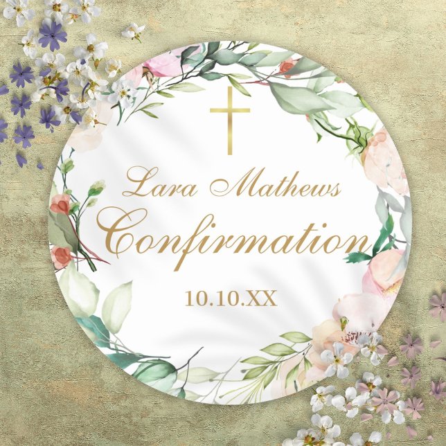 Rose Floral Garland Gold Script Bestätigung Runder Aufkleber (Roses Floral Garland Gold Script Confirmation Classic Round Sticker)