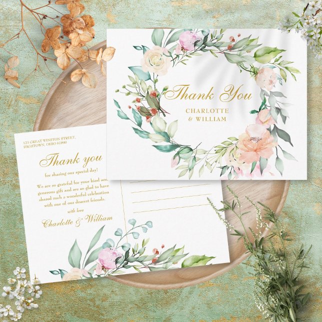 Rose Floral Garland Gold Script Vielen Dank Postkarte (Roses Floral Garland Gold Script Thank You Postcard)