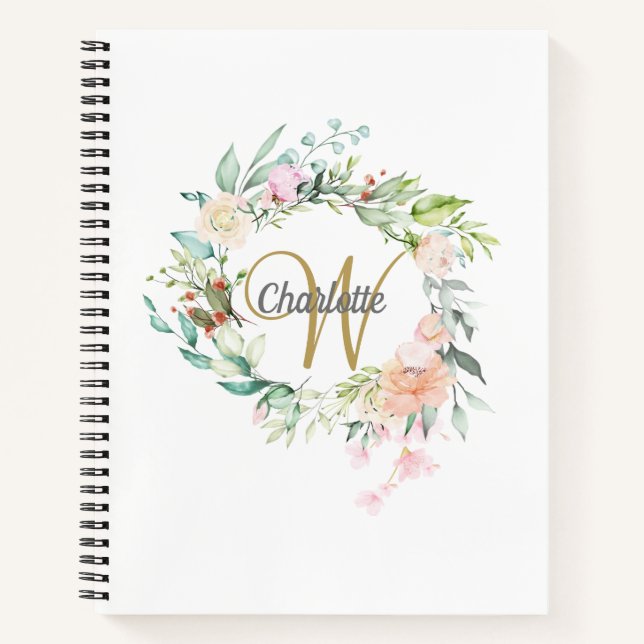 Rose Floral Gold Monogram Girl Script Notizbuch (Vorderseite)