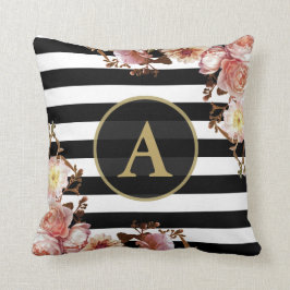 Rose Floral Gold Monogramm Schwarz-weißer Streifen Kissen