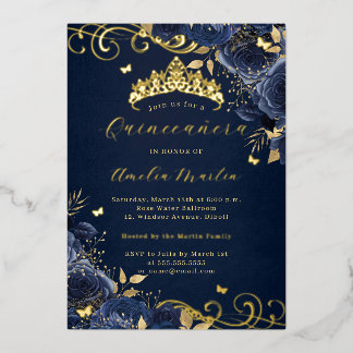 Rose Floral Gold Swirl Quinceanera Folieneinladung