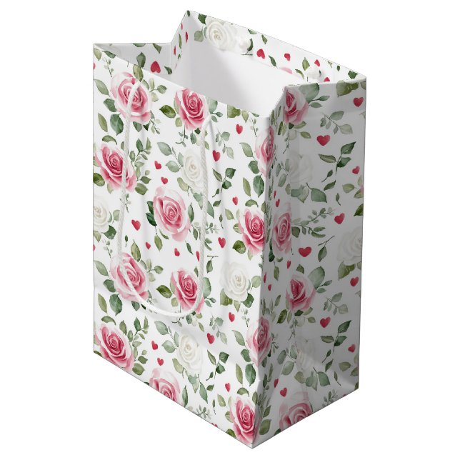 Rose Floral Hearts Brautparty Mittlere Geschenktüte (Vorderseite Schrägansicht)