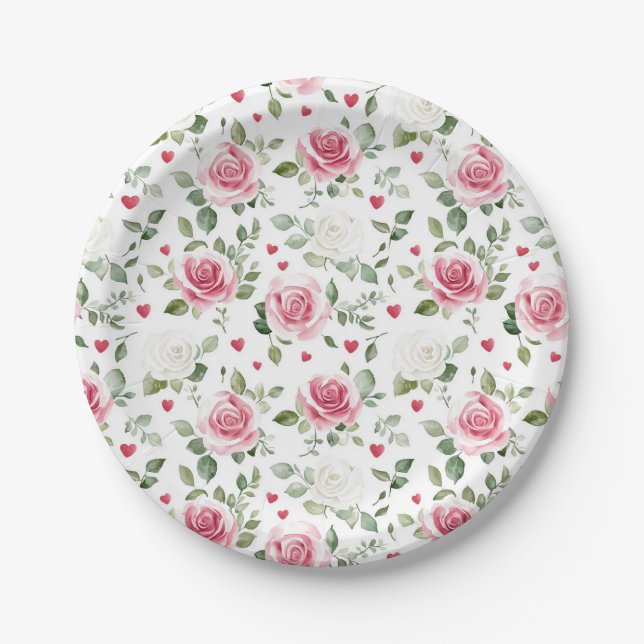 Rose Floral Hearts Brautparty Pappteller (Vorderseite)