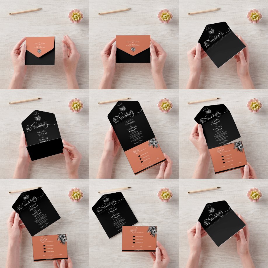 Rose Floral l Calligraphie Moderne Hochzeit All In One Einladung