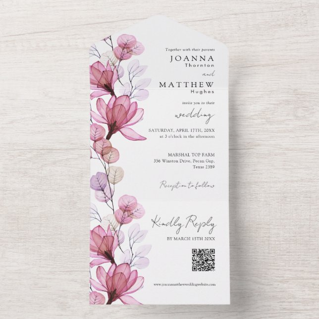 Rose Floral Monogram QR Code Hochzeit All In One Einladung (Innen Boden)