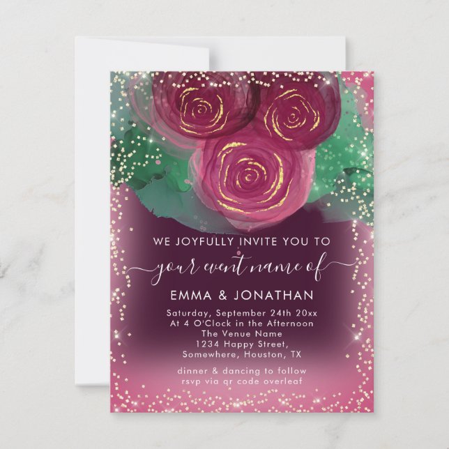 Rose Floral QR Code Burgundy Gold Marsala (Vorderseite)