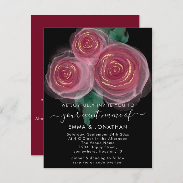 Rose Floral QR Code Gold Burgundy Black (Vorne/Hinten)