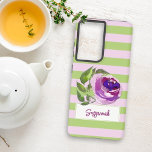 Rose Floral Wasserfarbe Strichen Name hinzufügen Samsung Galaxy Hülle<br><div class="desc">Dieses schicke Gehäuse mit horizontalen lila und grünen Pastellstreifen und einer lila,  grünen Aquarellfarbe-Rose,  die auf einem Ständer für Ihren Namen steht. Personalisieren Sie den Text oder bearbeiten Sie ihn mit dem Designwerkzeug,  um einen Schriftart auszuwählen,  der Ihnen gefällt.</div>