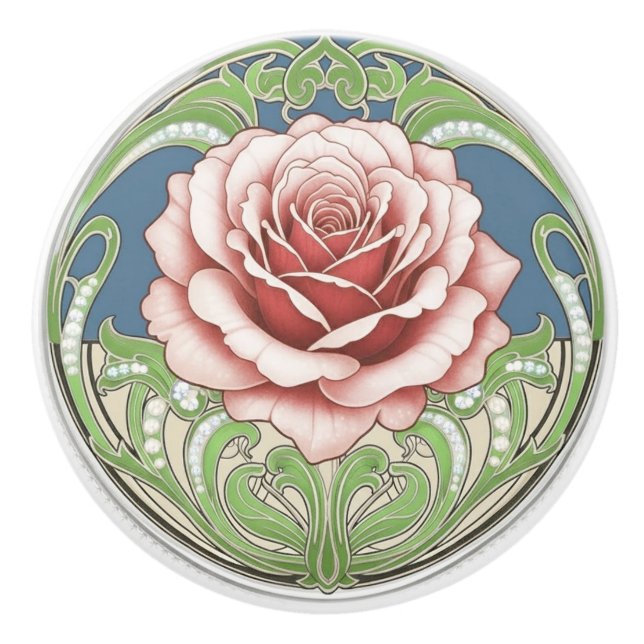 Rose Flower Green Blue Red Art Deco Nouveau Keramikknauf (Vorderseite)