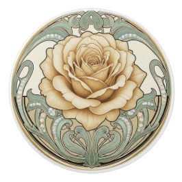 Rose Flower Green Cream Gold Art Deco Nouveau Keramikknauf