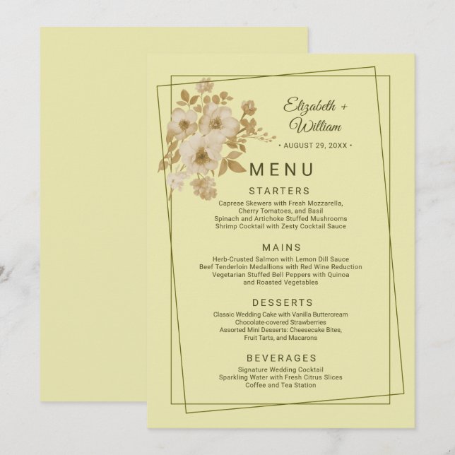 Rose Frame – Celestial Yellow Wedding Menükarte (Vorne/Hinten)
