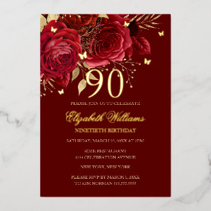 Rose Funkelnde Butterfly Rot 90. Geburtstag Folieneinladung