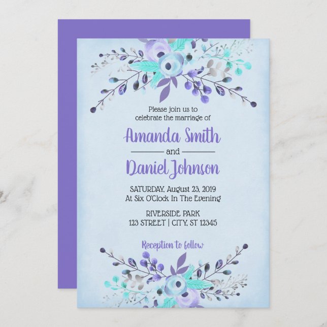 Rose für blaue und Lila Blume Einladung (Vorne/Hinten)