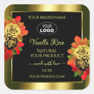 Rose für das Blumenschwarz-Shimmer-Produktlabel Quadratischer Aufkleber