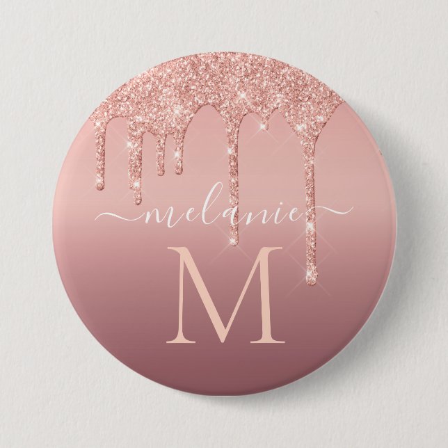 Rose für Monogramm Name Text Gold Blush Glitzer Button (Vorderseite)