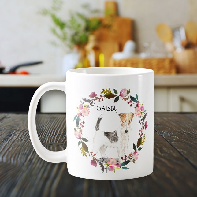 Rose für personalisierte Wasserfarbdraht Kaffeetasse (Cute fox terrier watercolor portrait framed in floral wreath. Dog mom gift.)