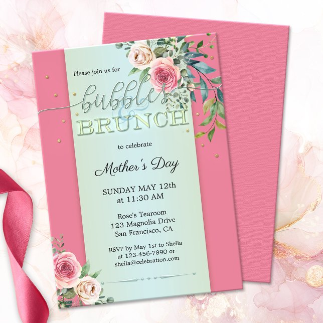 Rose für Wasserfarben Bläschen Blasen und Brunch Einladung (Elegant Mother's Day bubbles & brunch invitation featuring watercolor blush pink roses on pastel)