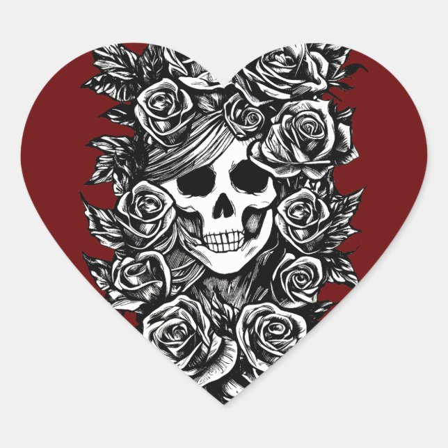 Rose für weibliche Schädel erhalten Original Tinte Herz-Aufkleber (Vorderseite)