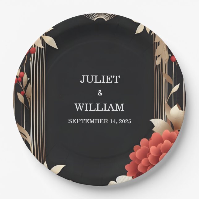 Rose Garden Diamond Red Black and Gold Wedding Pappteller (Vorderseite)