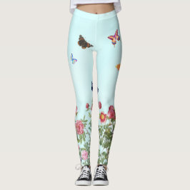 Rose Garden mit Schmetterlingen auf blauem Hinterg Leggings
