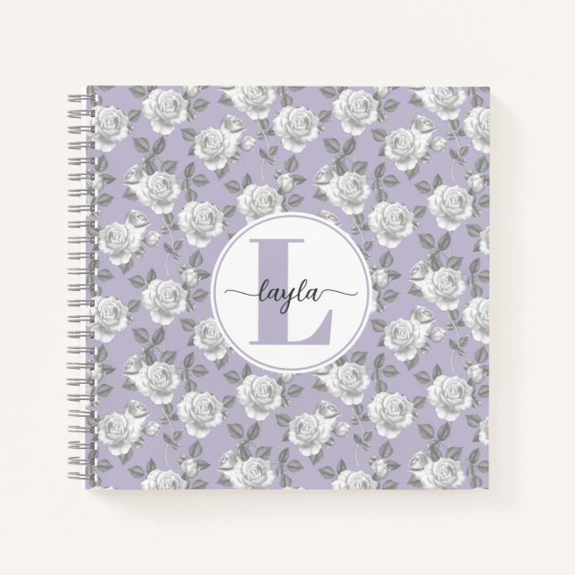 Rose Garden Monogram Lavendel Notebook Notizbuch (Vorderseite)