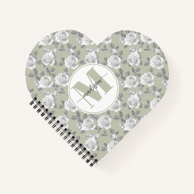 Rose Garden Monogram Sage Green Notebook Notizbuch (Vorderseite)