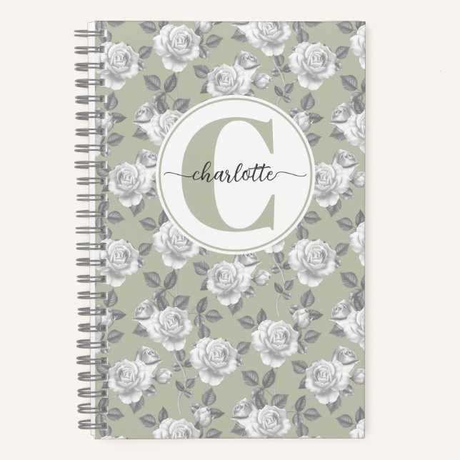 Rose Garden Monogram Sage Green Notebook Notizbuch (Vorderseite)