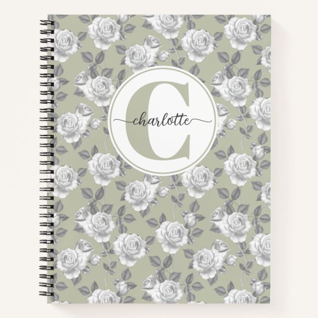 Rose Garden Monogram Sage Green Notebook Notizbuch (Vorderseite)